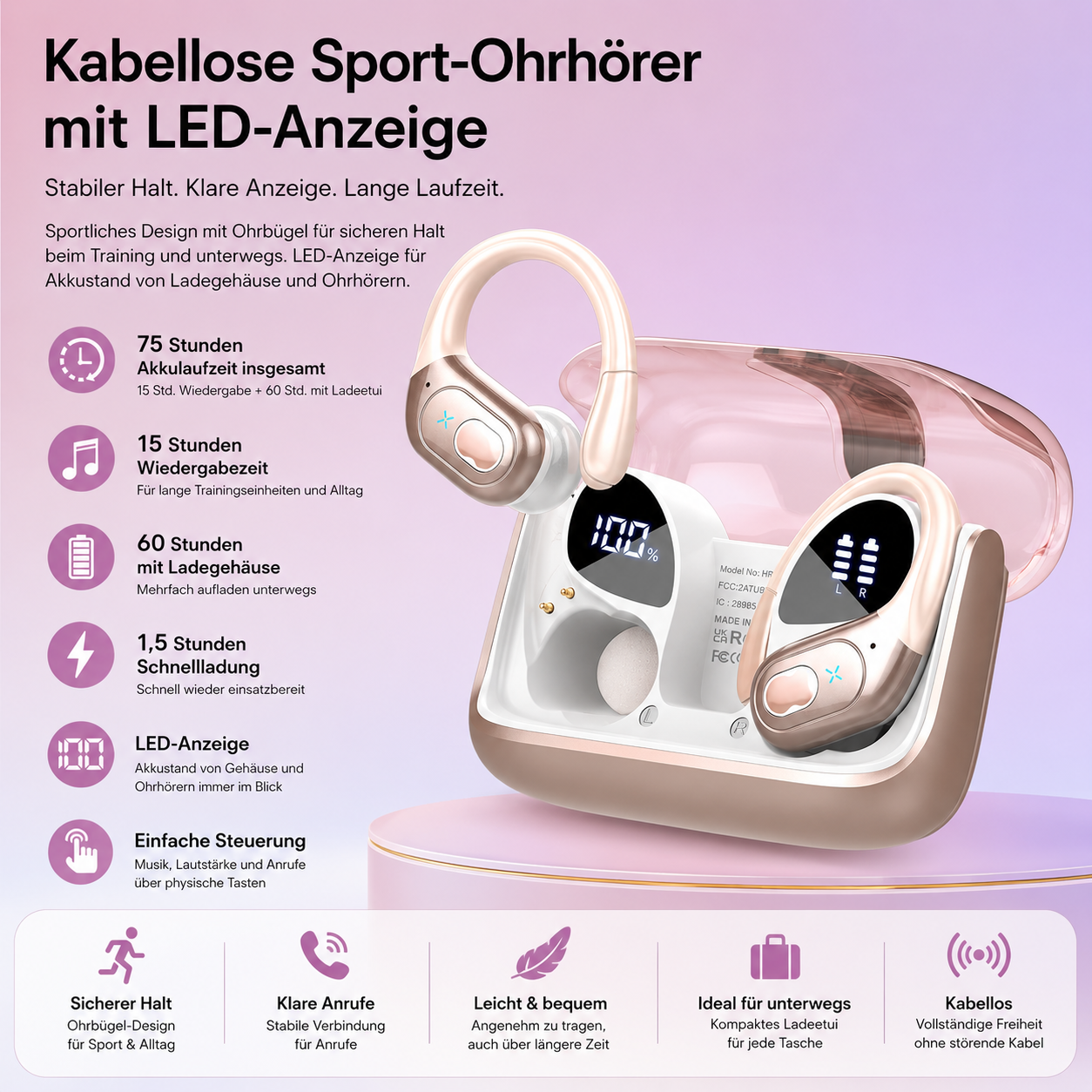 Sport-Ohrhörer mit LED-Ladeanzeige – Roségold